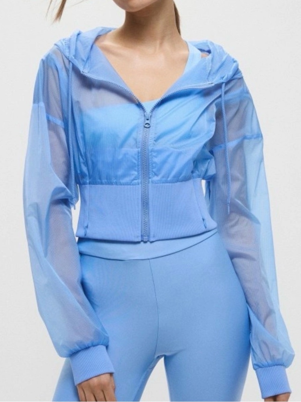 ALO Yoga Women’s L Light Blue Cropped Hooded Mesh Bomber Jacket Full Zip